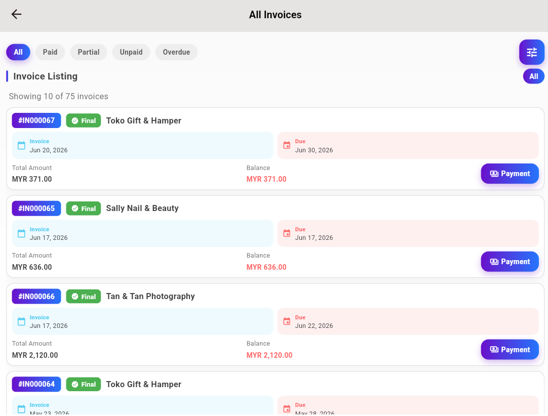 Easykey invoice listing showing paid, unpaid, and overdue statuses